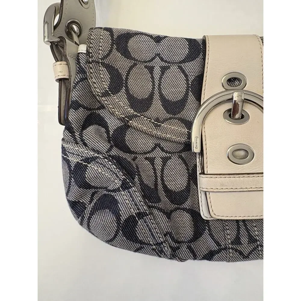 Vintage Coach Soho Pleated Hobo Blue Signature Jacquard White Leather Y2K